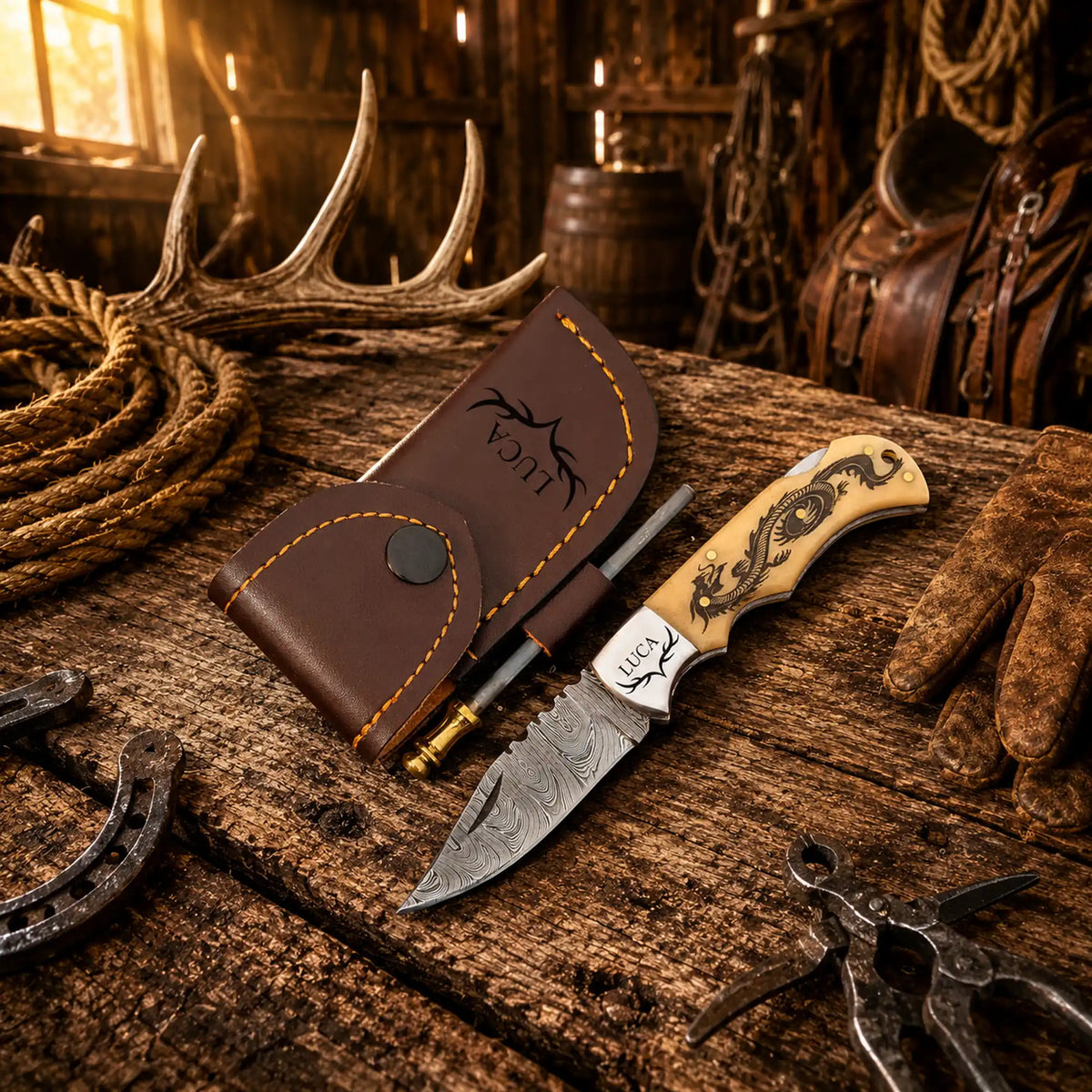 Handmade Damascus pocket knife with dragon engraving and camel bone handle, featuring a back lock mechanism by SHAM KNIVES.