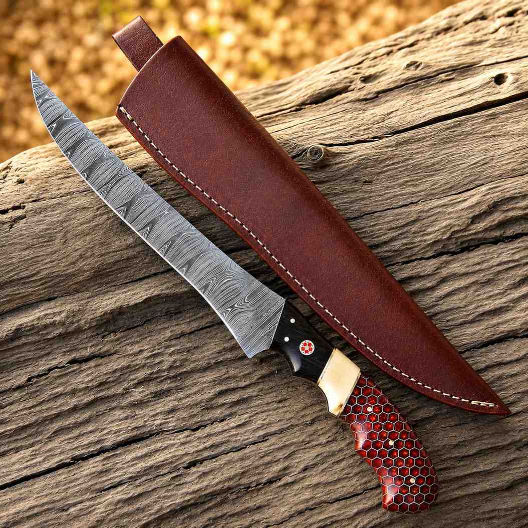 Damascus fish fillet knife with red honeycomb and camel bone handle, handcrafted by MALIKA KNIVES, shown with leather sheath and driftwood.