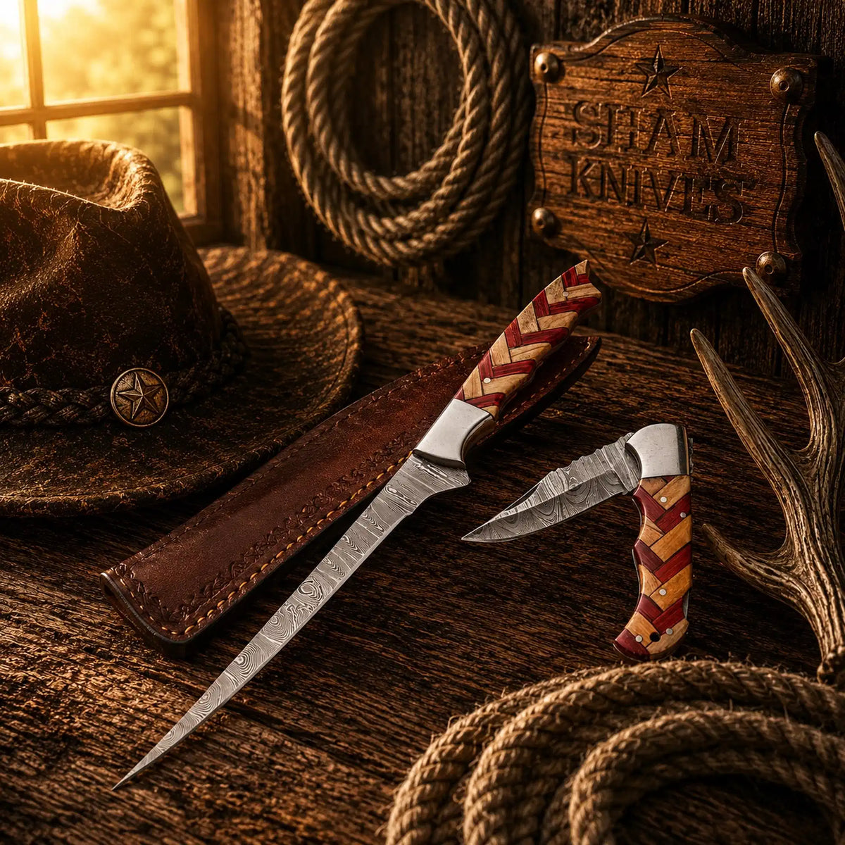 Damascus steel fillet knife and folding pocket knife with wood handle - SHAM KNIVES