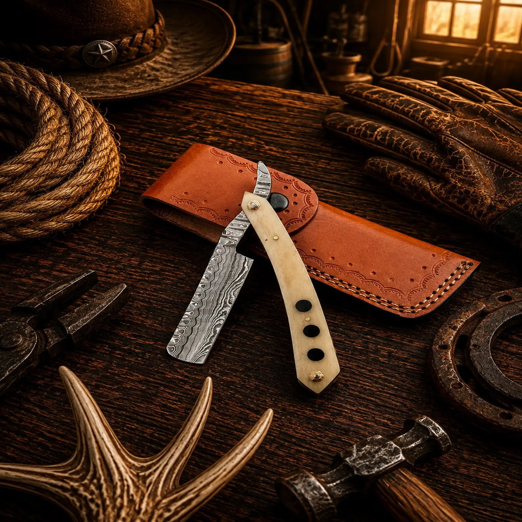 Old School Barber Straight Razor – Damascus Steel Folding Razor