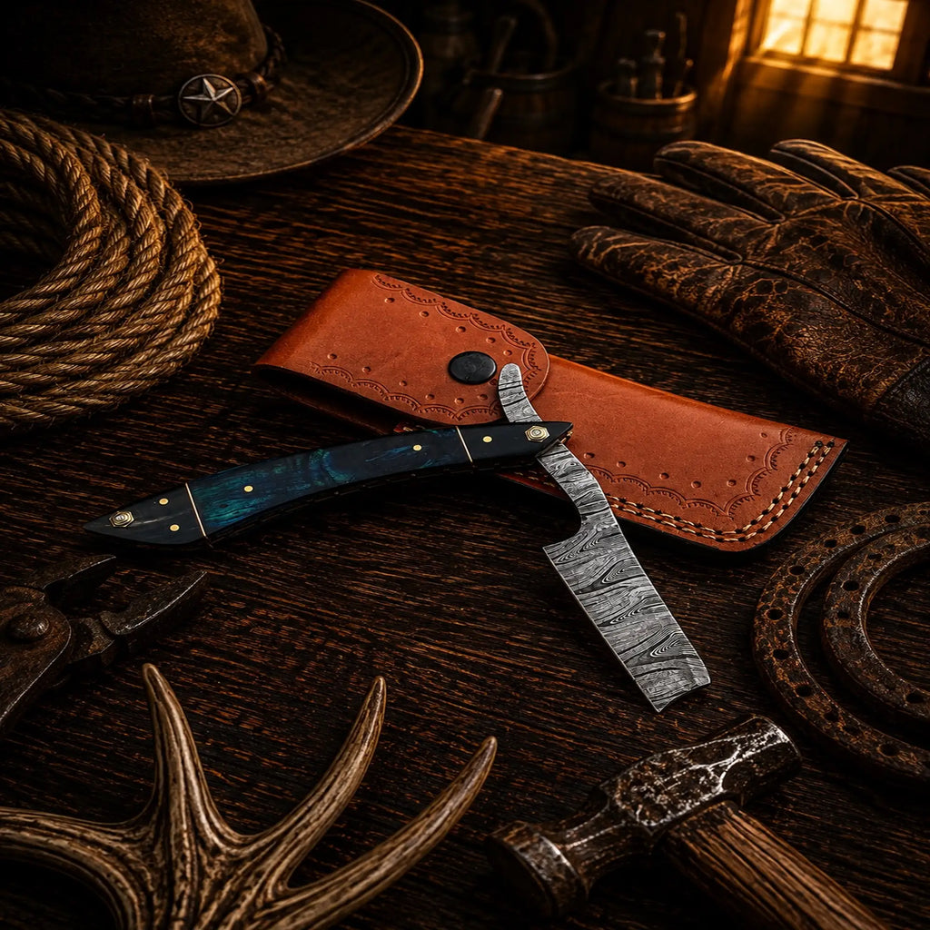 The Classic Cattleman Straight Razor – Handmade Damascus Steel Folding Razor