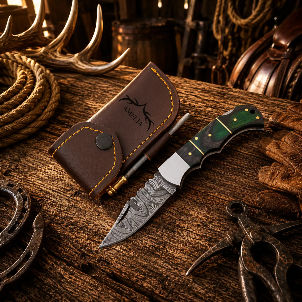 Handmade Damascus folding pocket knife with green Pakka wood handle and back lock, ideal for everyday carry by SHAM KNIVES.