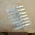7-Piece Damascus Cleaver and Prep Knife Set with White Bone Handles — 8 to 10-Inch Blades