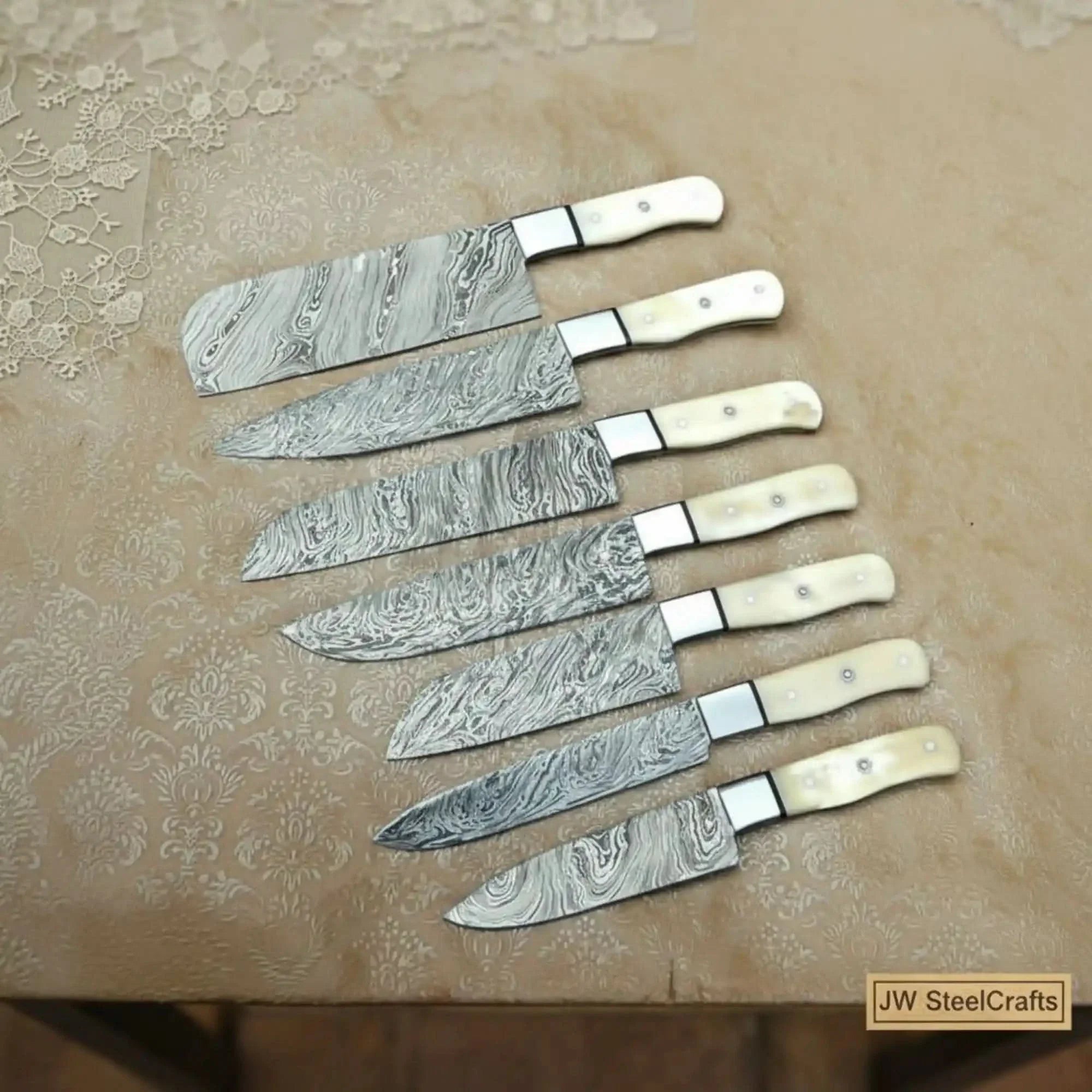 7-Piece Damascus Cleaver and Prep Knife Set with White Bone Handles — 8 to 10-Inch Blades