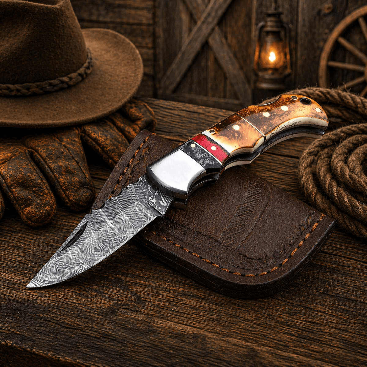 Handmade Damascus pocket knife with burnt camel bone handle, folding design, leather sheath, ideal for EDC and hunting.