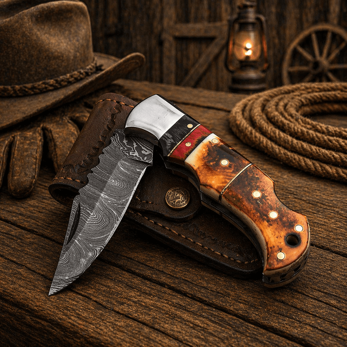 Handmade Damascus pocket knife with burnt camel bone handle, folding design, leather sheath, ideal for EDC and hunting.