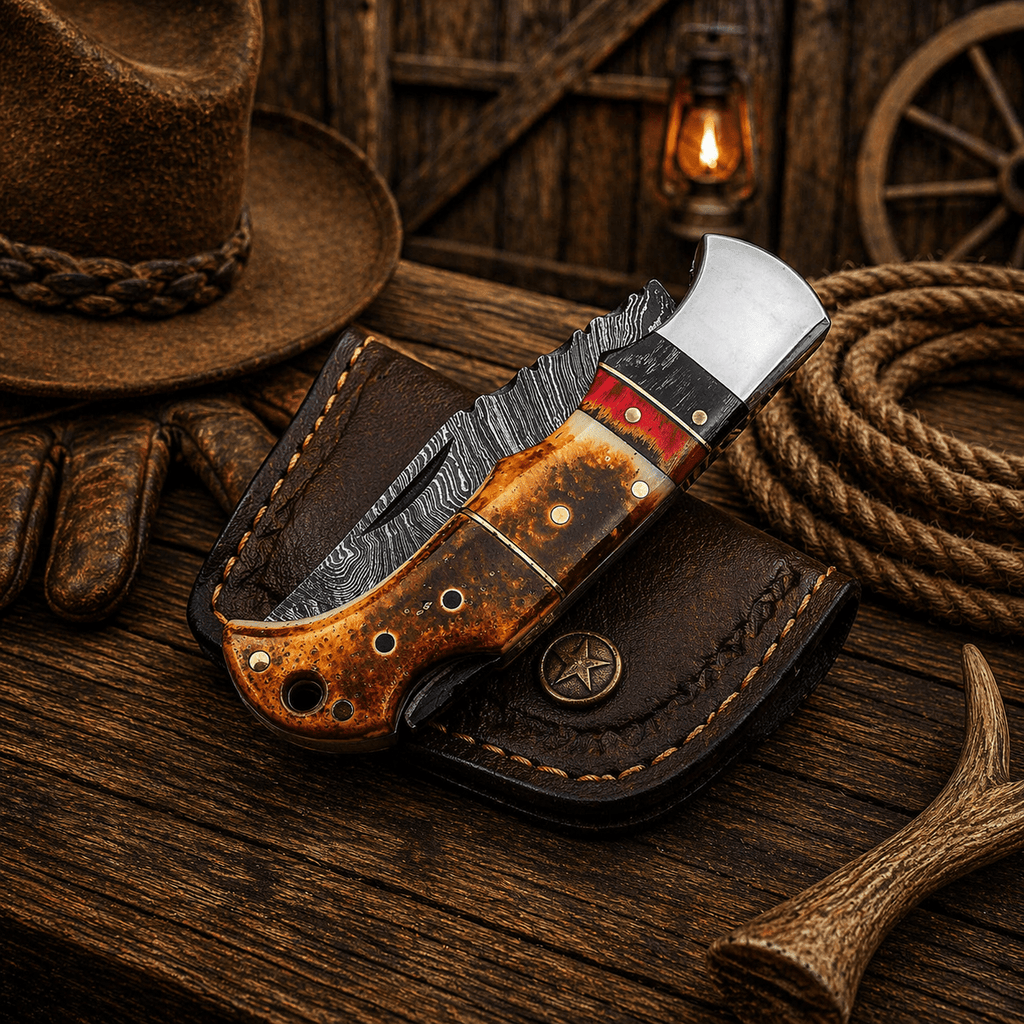 Handmade Damascus pocket knife with burnt camel bone handle, folding design, leather sheath, ideal for EDC and hunting.