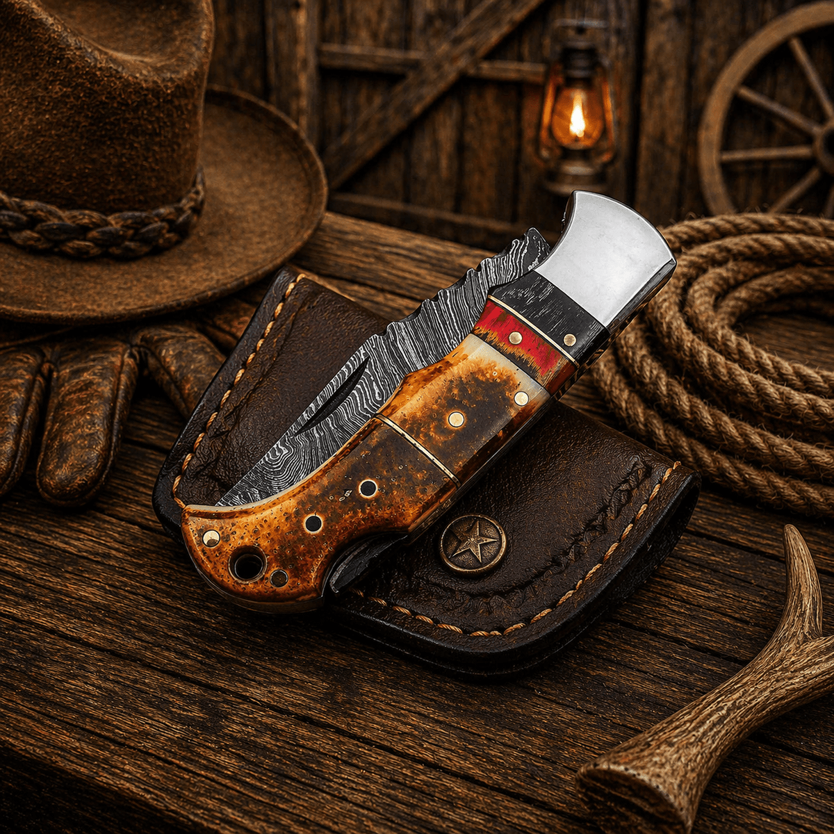 Handmade Damascus pocket knife with burnt camel bone handle, folding design, leather sheath, ideal for EDC and hunting.