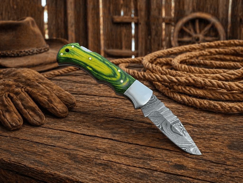 Handmade Damascus pocket knife by SHAM KNIVES with wood handle and back lock, ideal for EDC, hunting, and outdoor use.