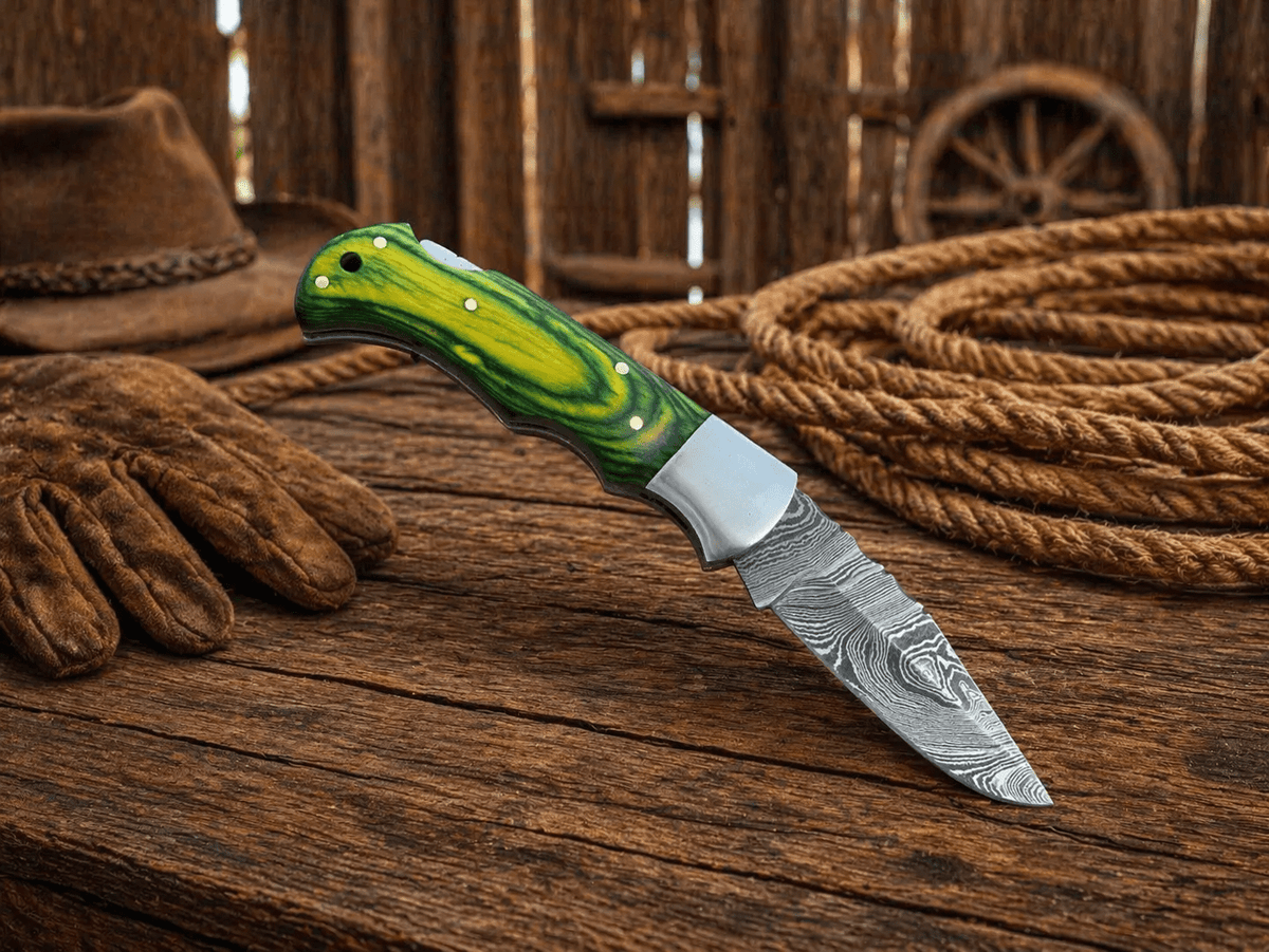 Handmade Damascus pocket knife by SHAM KNIVES with wood handle and back lock, ideal for EDC, hunting, and outdoor use.