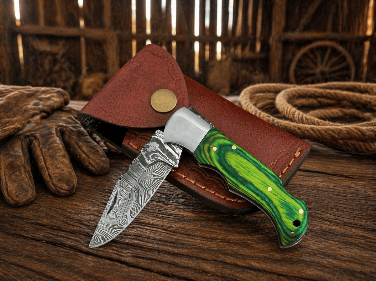 Handmade Damascus pocket knife with wood handle and back lock, ideal for EDC, hunting, or as a gift from SHAM KNIVES.