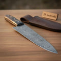 Handmade Damascus Steel Chef Knife - 8-Inch Blade with Leather Sheath & Wooden Handle