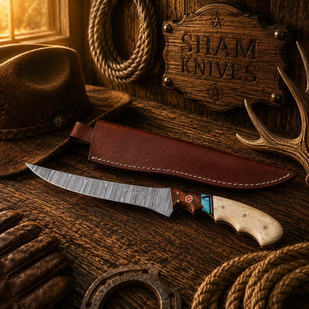 Handmade Damascus steel fillet knife with bone and turquoise handle - SHAM KNIVES