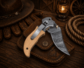 Handmade Damascus Steel Pocket Knife – Olive Wood Handle Folding Knife with Belt Clip | EDC Hunting Camping Knife Gift for Men