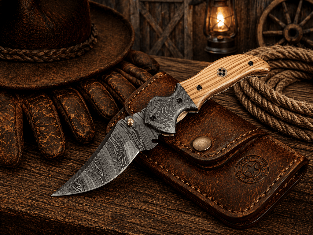 Handmade Damascus Steel Pocket Knife – Olive Wood Handle Folding Knife with Belt Clip | EDC Hunting Camping Knife Gift for Men