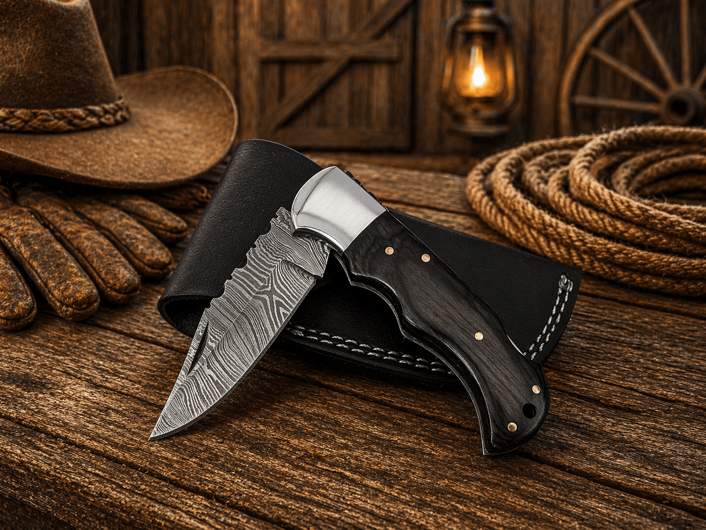 Handmade Damascus Steel Pocket Knife – Pakka Wood Handle Folding Knife with Leather Sheath | EDC Hunting Camping Gift for Men