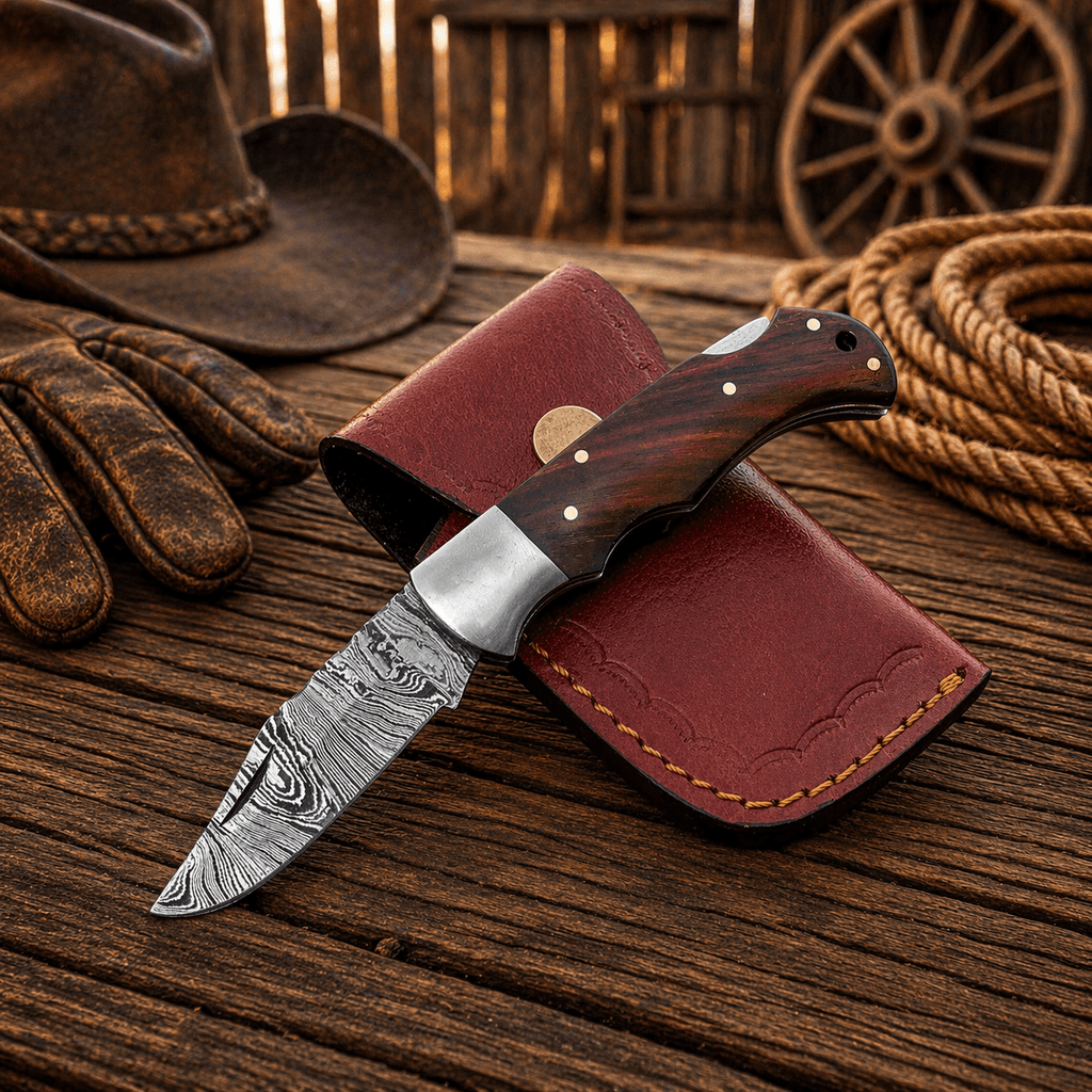 Handmade Damascus Steel Pocket Knife – Rosewood Handle Folding Knife with Leather Sheath | EDC Hunting Camping Gift for Men