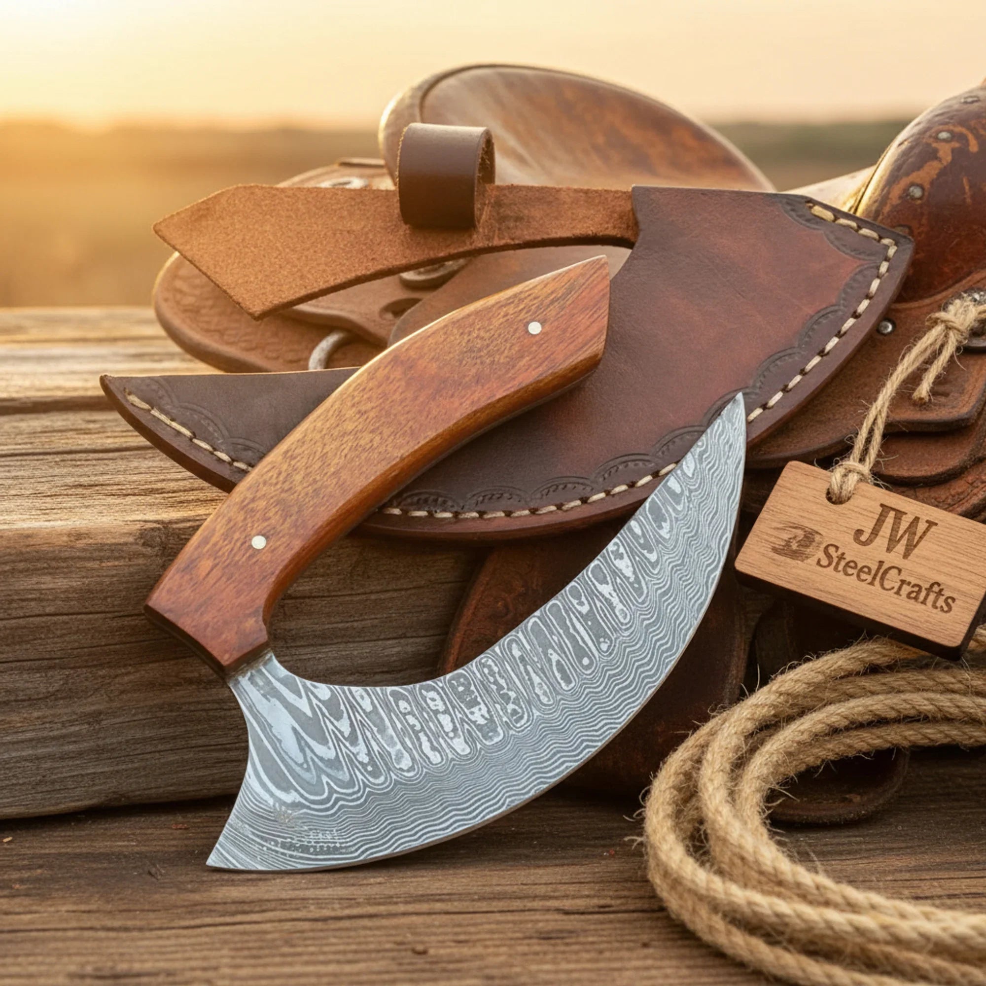 Handmade Damascus Steel Ulu Knife 12" Wood Handle Full Tang Pizza Cutter Leather Sheath
