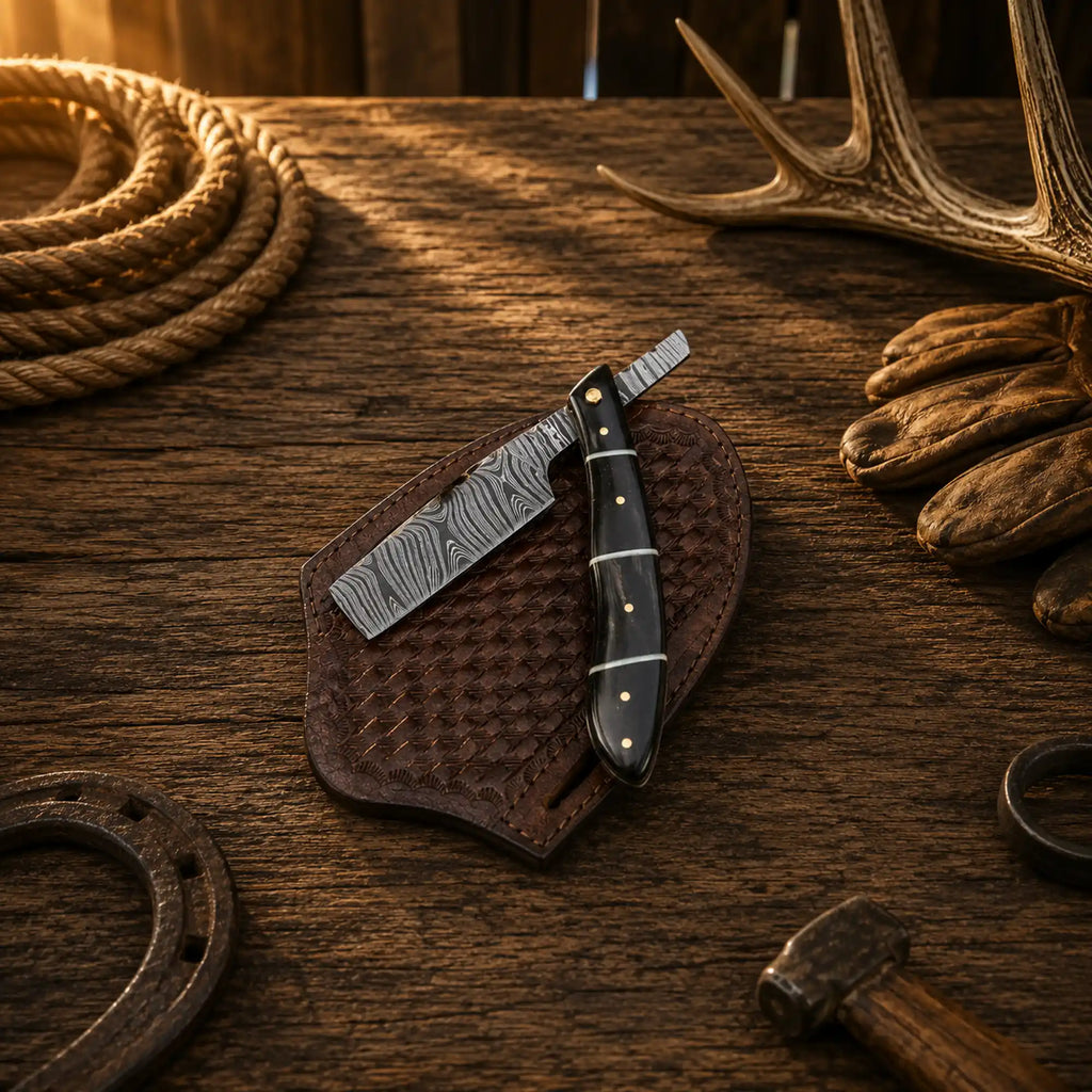 Handmade Damascus steel straight razor with buffalo horn handle by cskforged, showcasing its sharp blade and elegant natural handle.