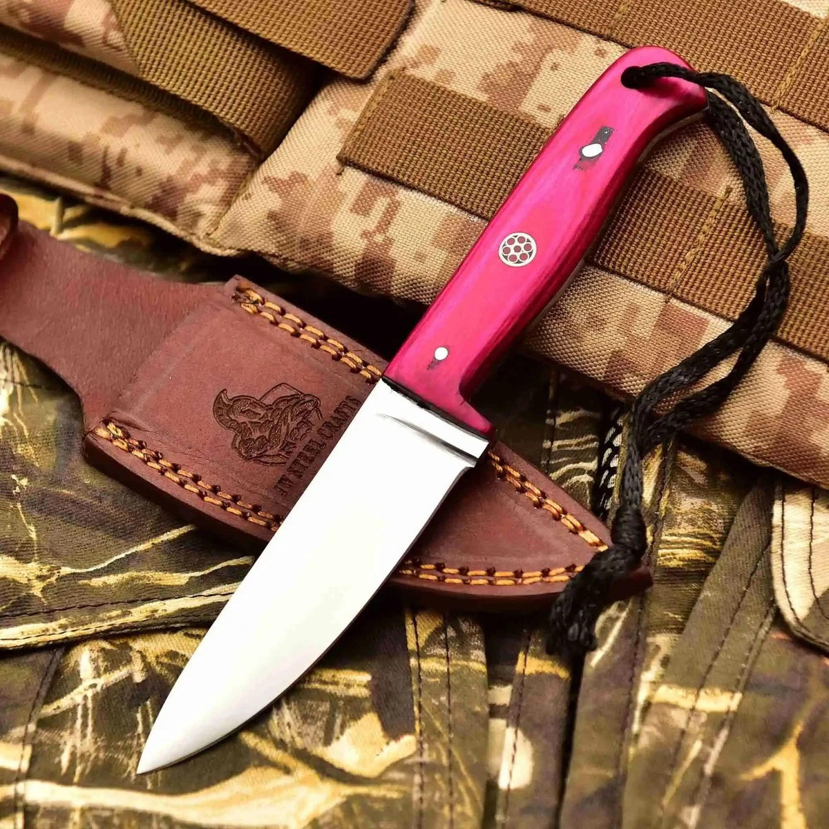Handmade JW SteelCrafts prairie blade survival knife with braided lanyard, carbon steel skinning knife in multiple handle colors.