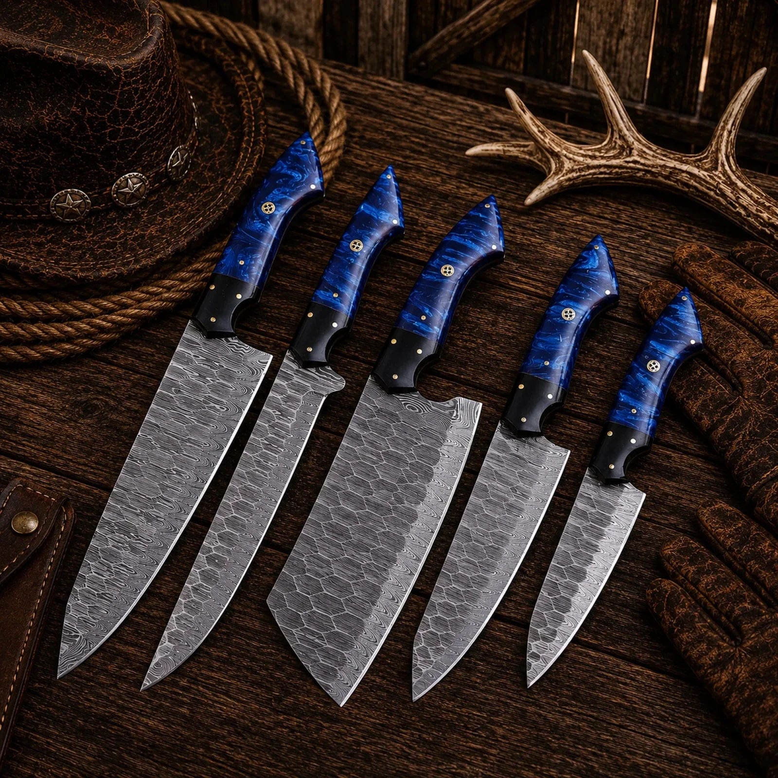 Handmade Forged Damascus Steel Chef Knife Set – Blue Epoxy Resin Handles