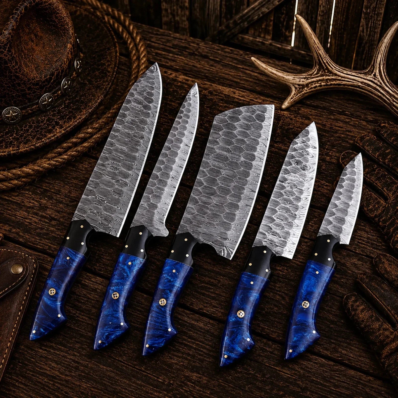 Handmade Forged Damascus Steel Chef Knife Set – Blue Epoxy Resin Handles