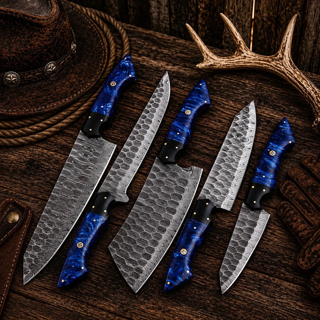Handmade Forged Damascus Steel Chef Knife Set – Blue Epoxy Resin Handles