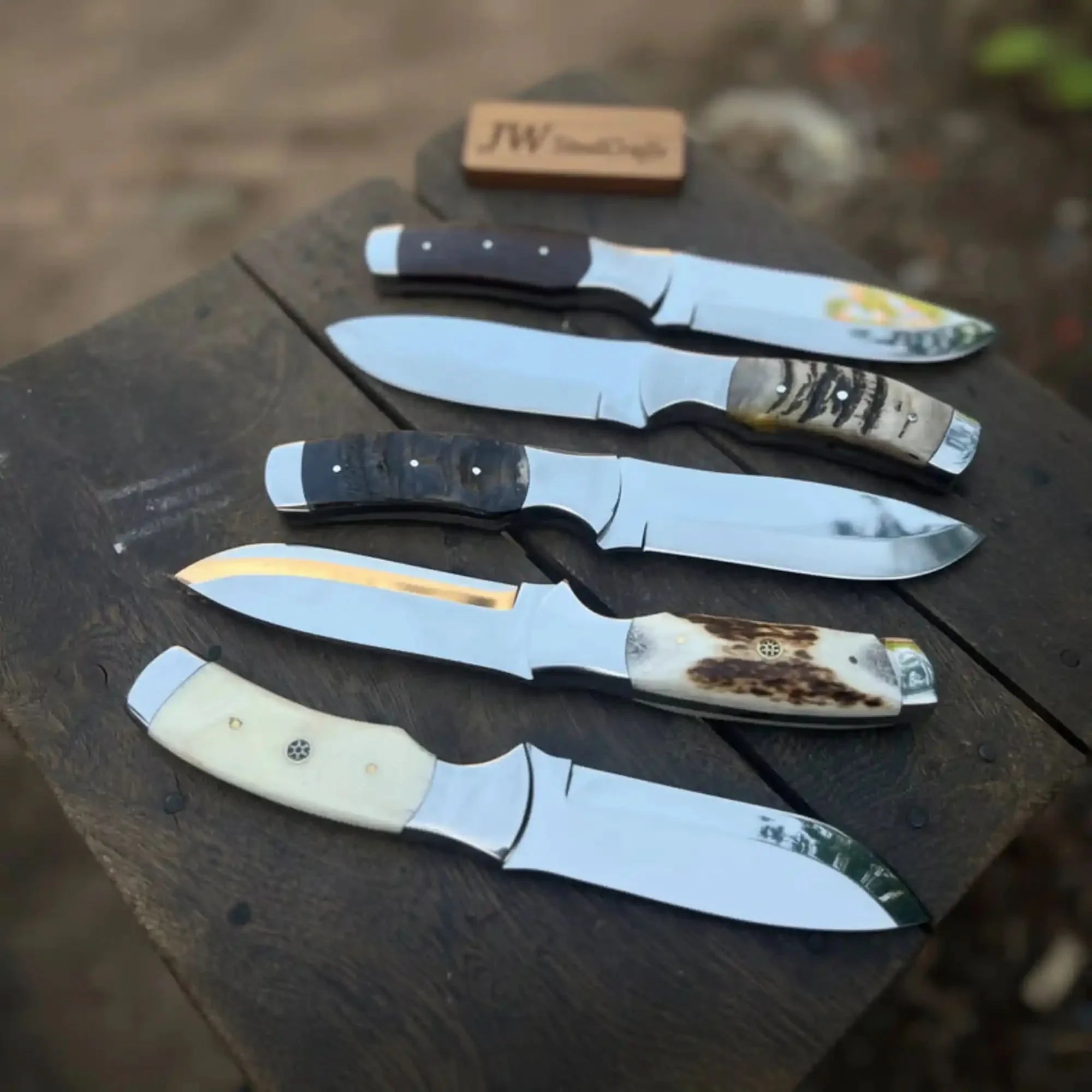 Handmade Hunting Knife Set with Ram Horn, Stag Horn and Camel Bone Handles