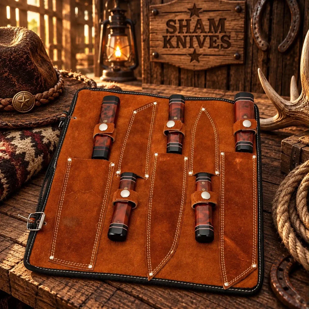 SHAM KNIVES Copper Damascus K-Tip Gyuto Chef Knife Set with Resin Handles - Relic & Reel