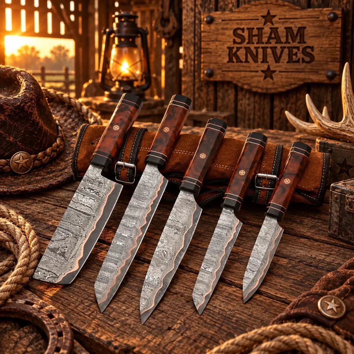 Handmade K-Tip Gyuto Style Copper Damascus Kitchen Chef Knife Set - SHAM KNIVES