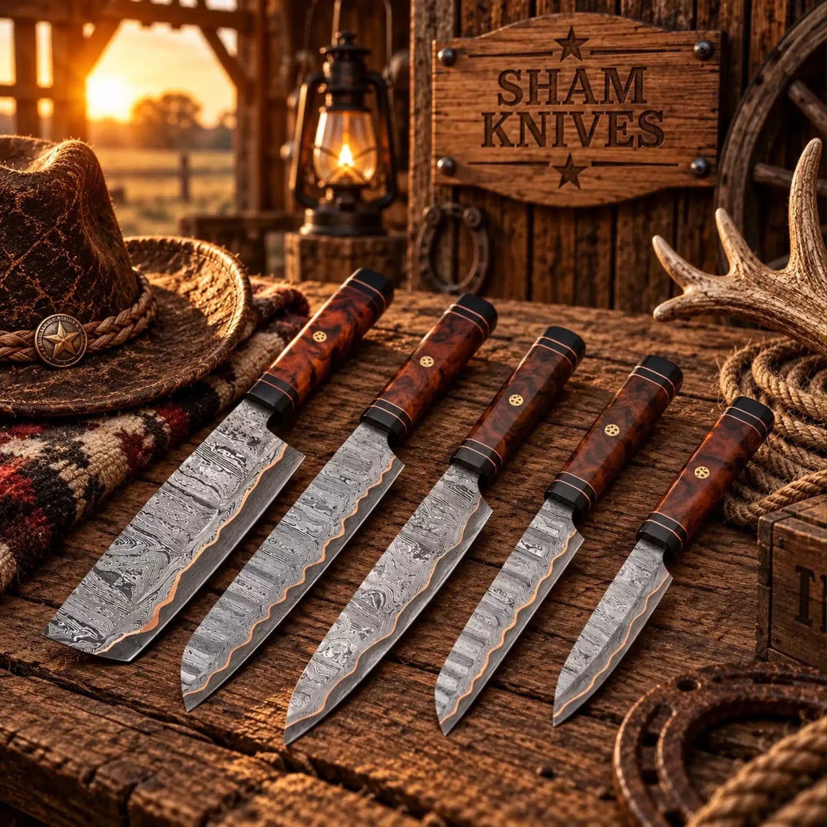 Handmade K-Tip Gyuto Style Copper Damascus Kitchen Chef Knife Set - SHAM KNIVES | Relic & Reel