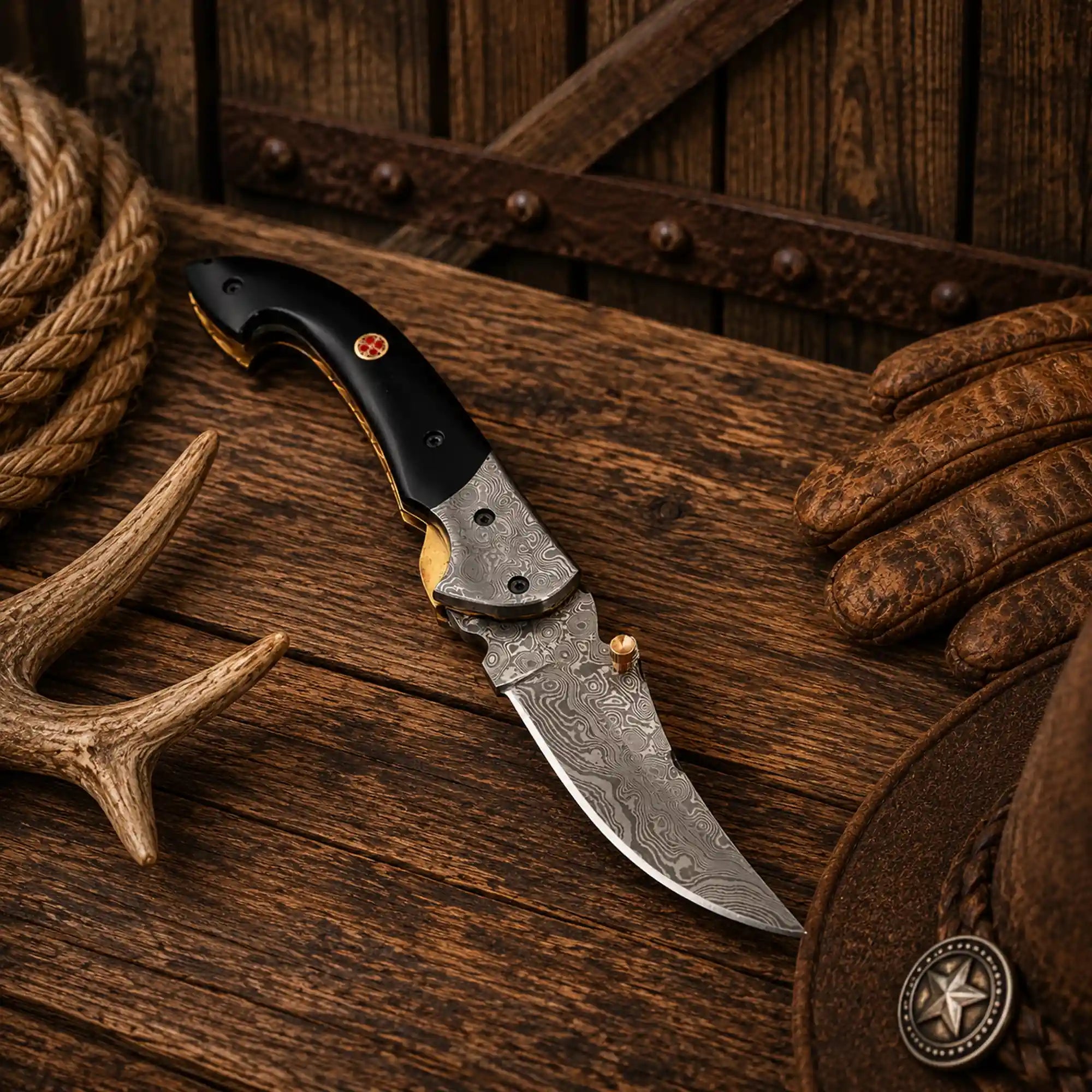 7.25" Western Folding Pocket Knife – Raindrop Damascus Blade & Buffalo Horn Handle