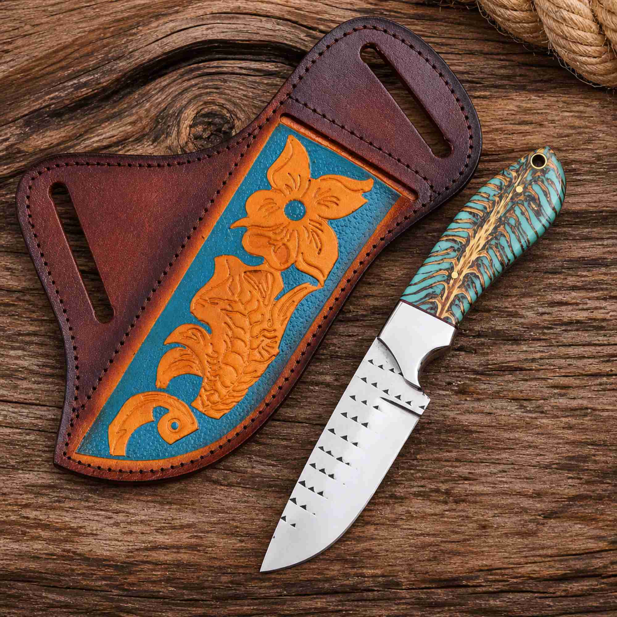 Cowboy Hunting Knife Rasp Steel Pinecone Handle