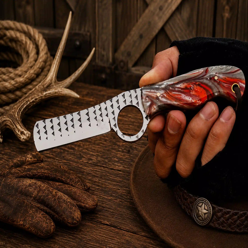 Cowboy Bull Cutter Knife – 3.75" Rasp Steel Blade & Red Epoxy Resin Handle