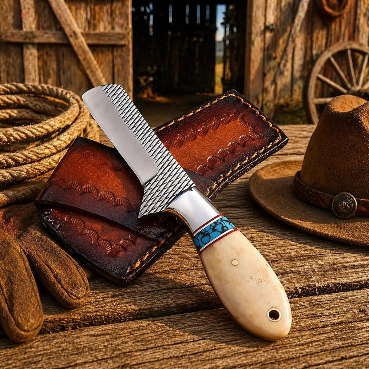 Handmade cowboy knife with Rasp steel blade, turquoise and camel bone handle, leather sheath by SHAM KNIVES.