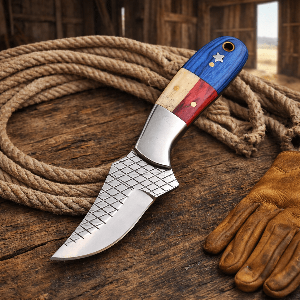Handmade Rasp Steel Cowboy Knife – Texas Flag Handle, Pancake Leather Sheath