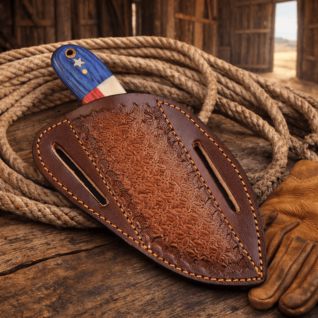 Handmade Rasp Steel Cowboy Knife – Texas Flag Handle, Pancake Leather Sheath