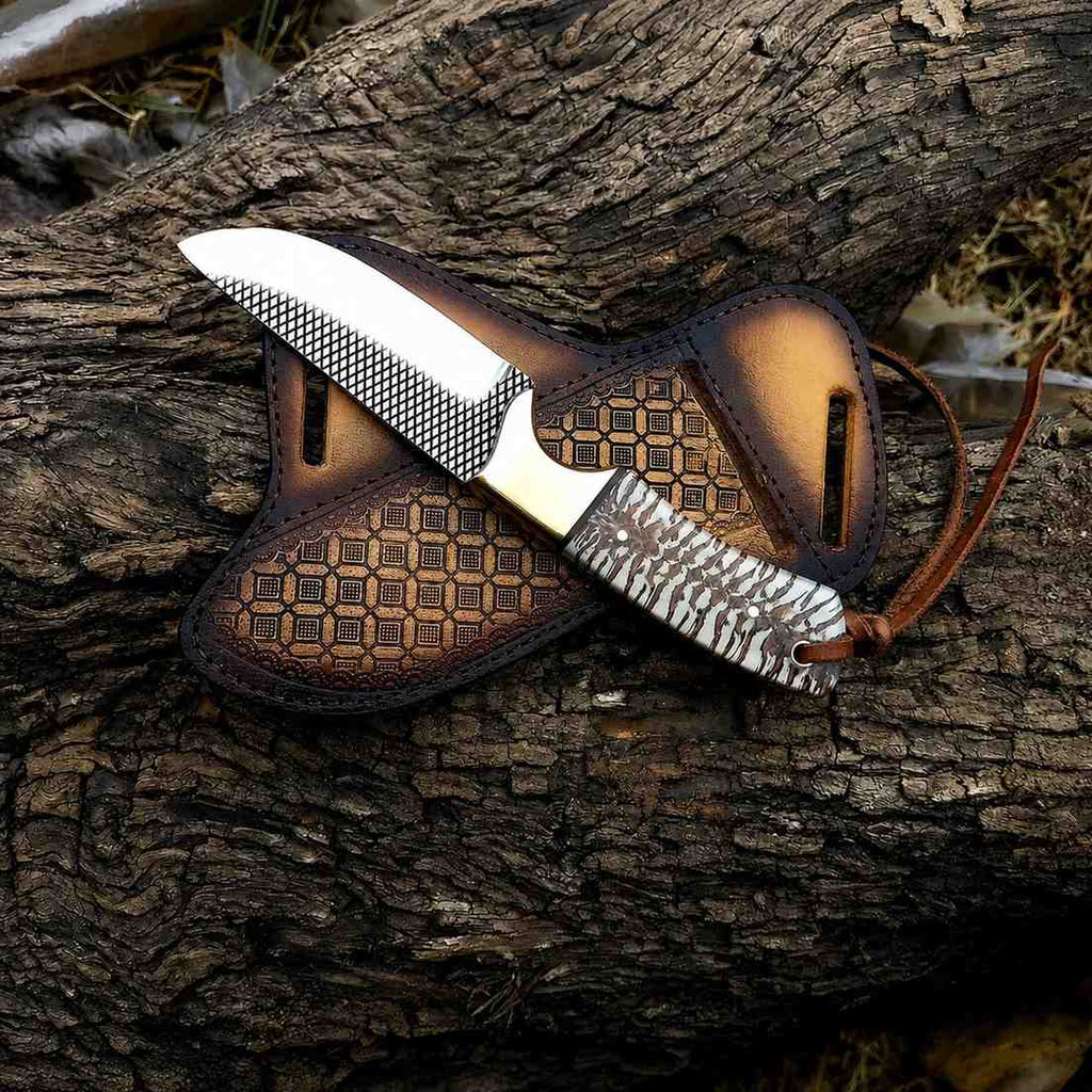 Rasp Steel Cowboy Knife – 8" Skinner with Pine Cone Handle & Crossdraw Sheath