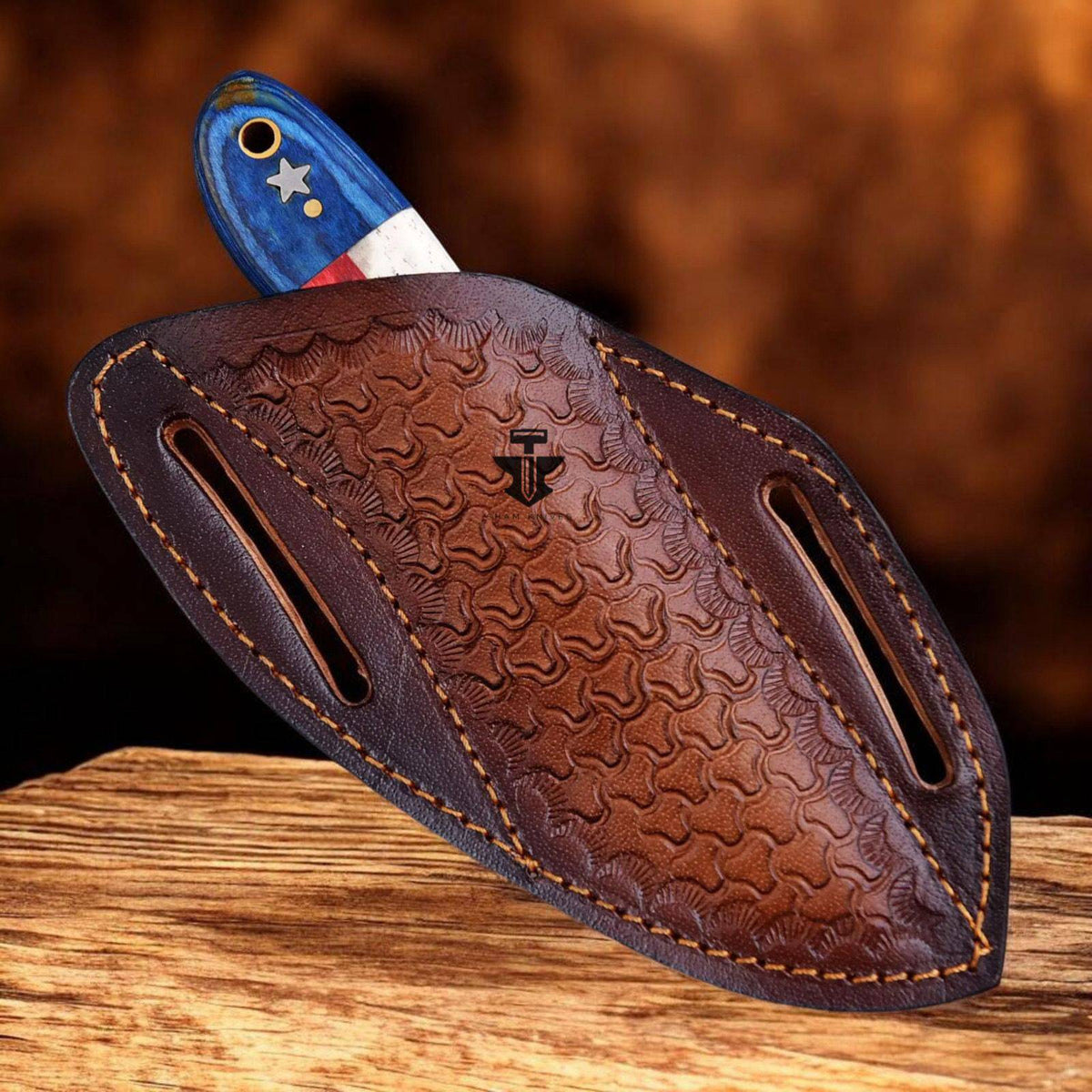 Handmade SHAM KNIVES cowboy hunting knife with Texas flag handle, steel rasp tool blade, and cross draw sheath.