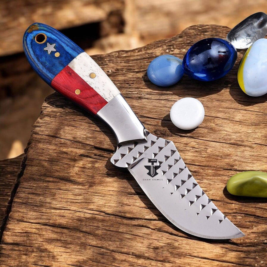 Handmade SHAM KNIVES cowboy hunting knife with Texas flag handle, Damascus steel blade, and cross draw sheath.