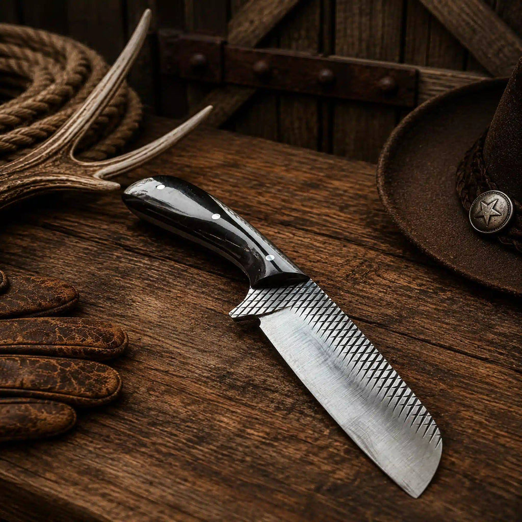 Handmade cowboy Rasp File Rodeo Carry Knife with 3.75-inch blade and buffalo horn handle, displayed with pancake sheath.