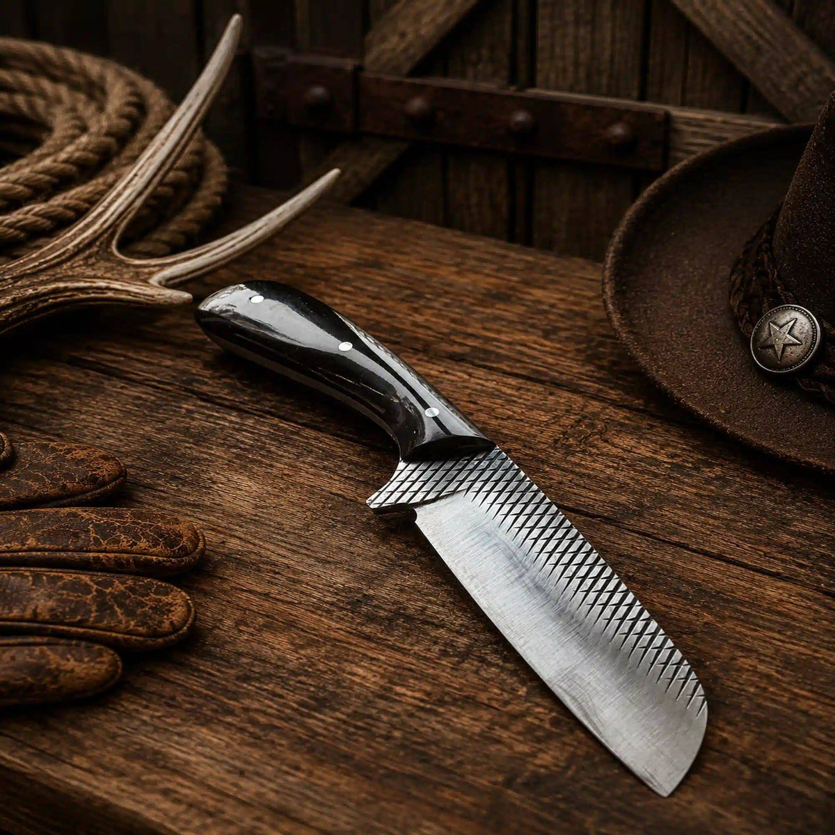 Handmade cowboy Rasp File Rodeo Carry Knife with 3.75-inch blade and buffalo horn handle, displayed with pancake sheath.