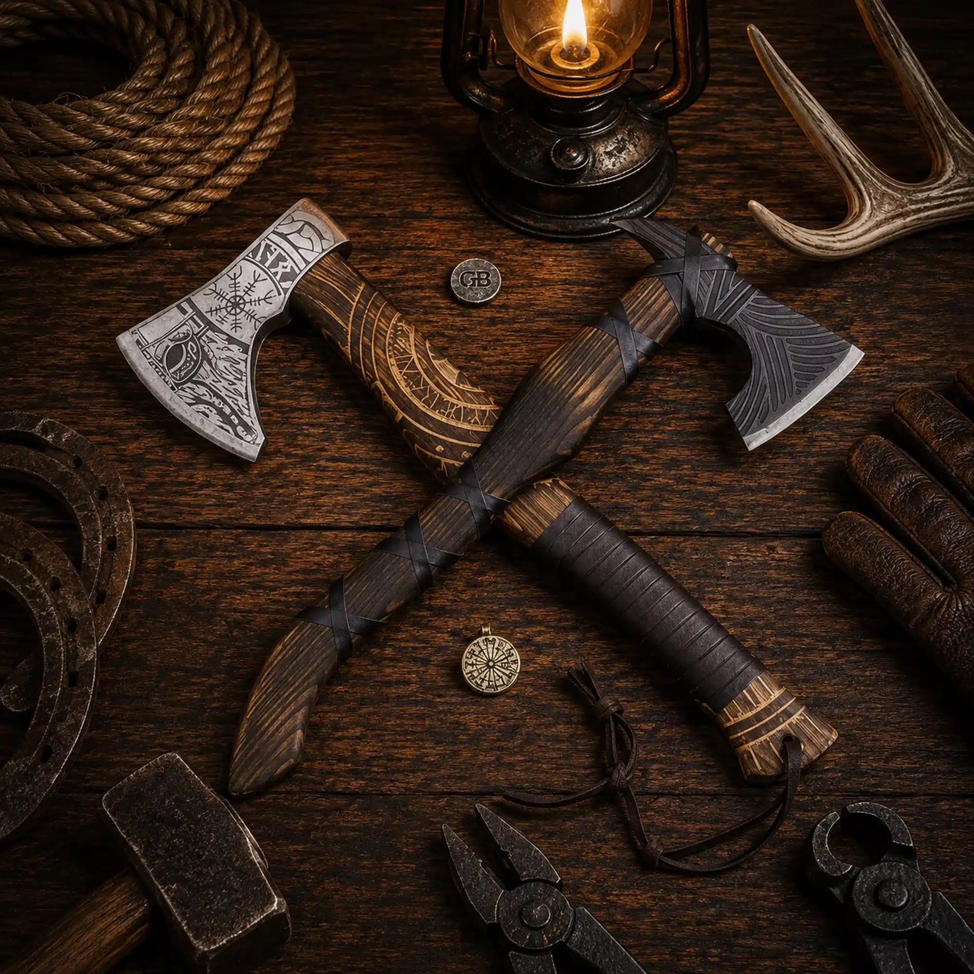 Hand Forged Viking Battle Axe Pair with Leather Sheath