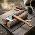 Handmade Viking bearded axe with engraved blade and wooden handle, crafted by JW SteelCrafts, suitable for camping and outdoor use.