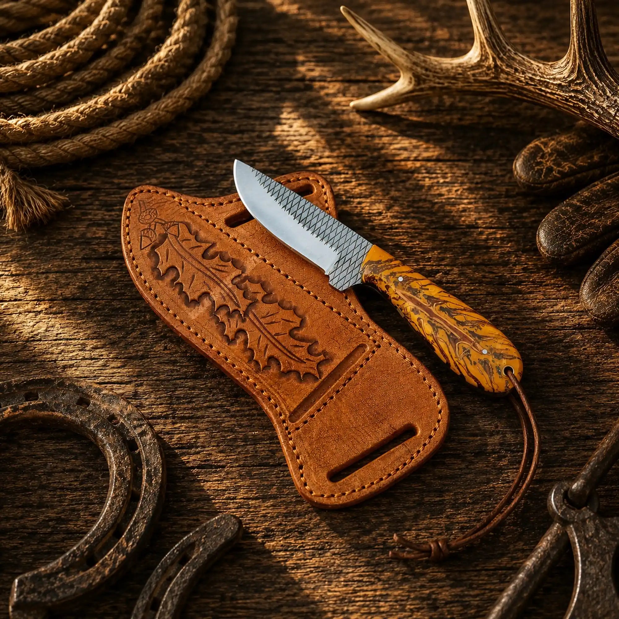 Buckaroo Knife - Hanging Horse Buckaroo Knife with Pine Cone Handle