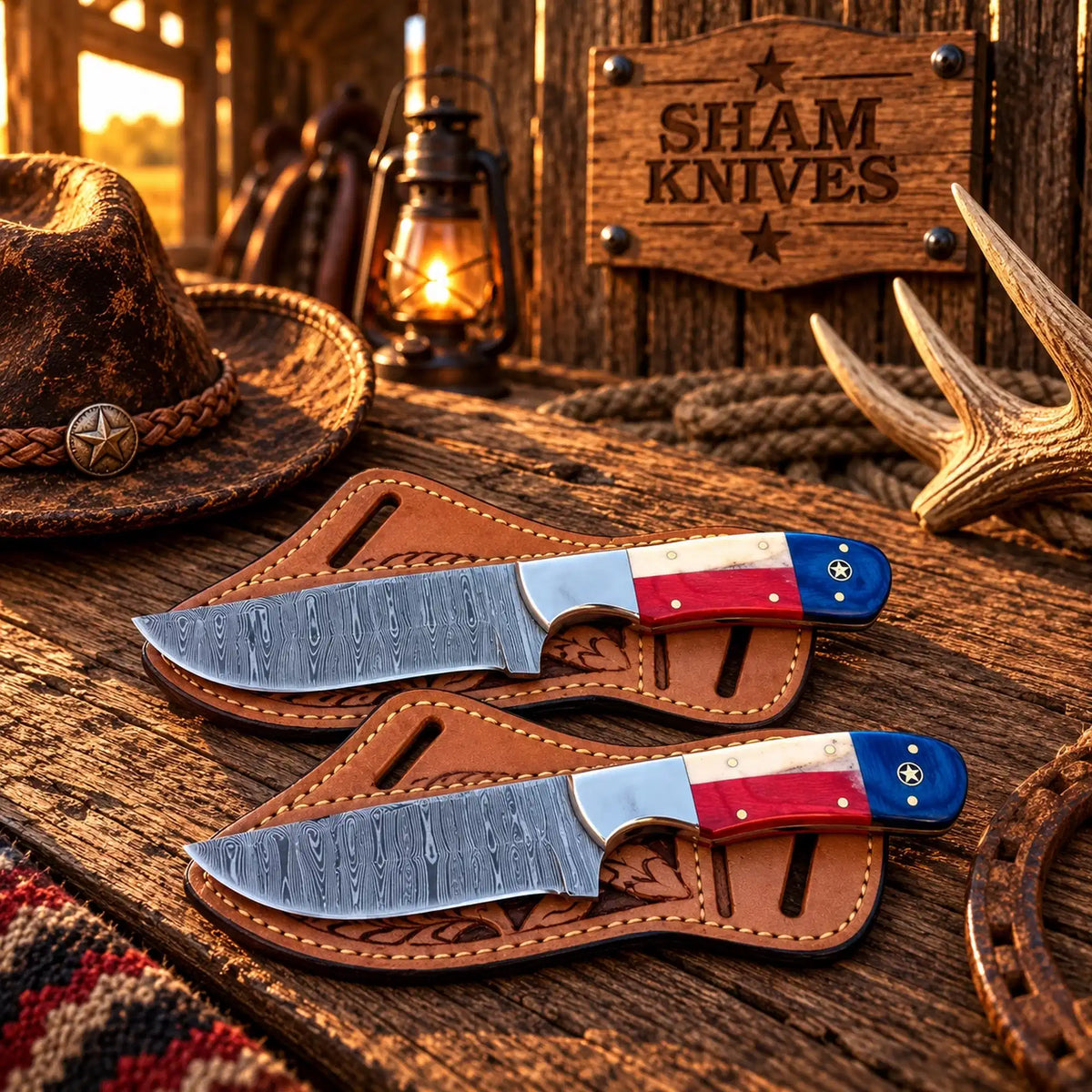 High Country Damascus Steel Skinning Knife with Western Sheath - Outdoor Fixed Blade Knife | Relic & Reel