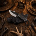 SHAM KNIVES Honeycomb Ranch hunting knife with D2 powder-coated blade and horizontal leather sheath, ideal for outdoor hunting.