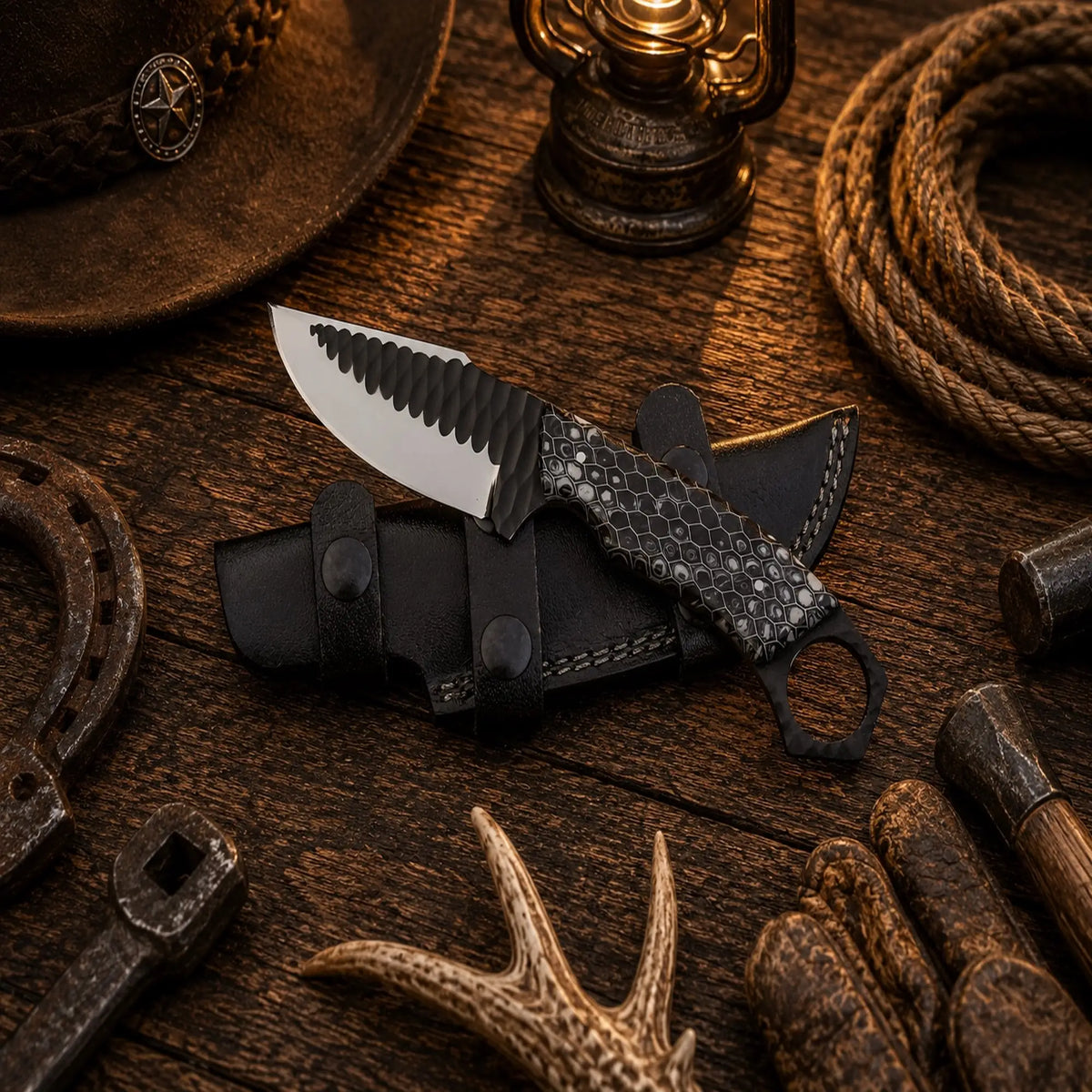 SHAM KNIVES Honeycomb Ranch hunting knife with D2 powder-coated blade and horizontal leather sheath, ideal for outdoor hunting.