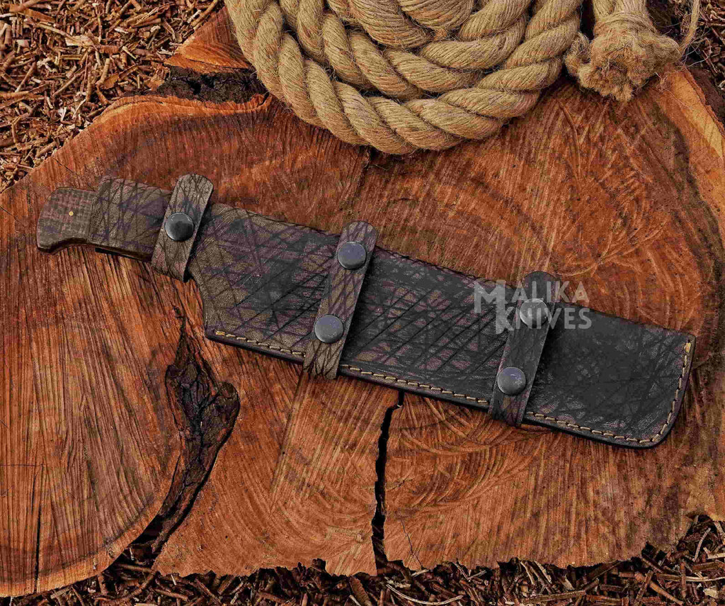 Stainless Damascus Hunting Knife with Leather Sheath.