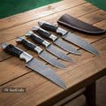 5-Piece Hunting Knife Set with Buffalo Horn Handle Ladder Damascus Blades & Black Buffalo Horn Handles